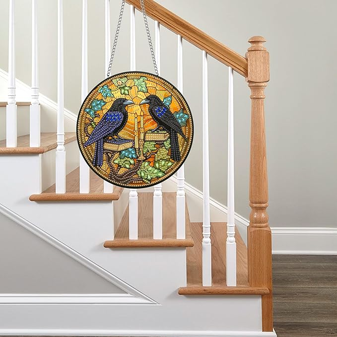 Pavemlo Hanging Diamond Art Kits for Adults Halloween Crow – 8x8 Inch Double-Sided Acrylic Board DIY Crystal Diamond Suncatcher Pendant, Sparkling Home Wall or Window Decoration Handmade Gift