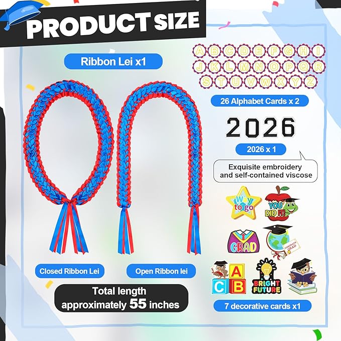 Juexica Kindergarten Graduation Ribbon Leis Class of 2026 Braided Necklace Making Kit with Alphabetic Decorative Cards Preschool Kids Grad Graduation Party Gifts(Red, Blue)