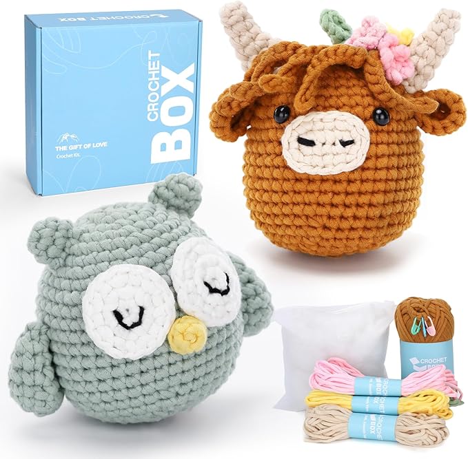 CrochetBox Crochet Kit for Beginner, Highland Cow and Owl Learn How to Crochet Stuffed Animals Gift for Adults and Teen(), Knitting Set with Yarn Hook Stitch-by-Stitch Video Tutorial