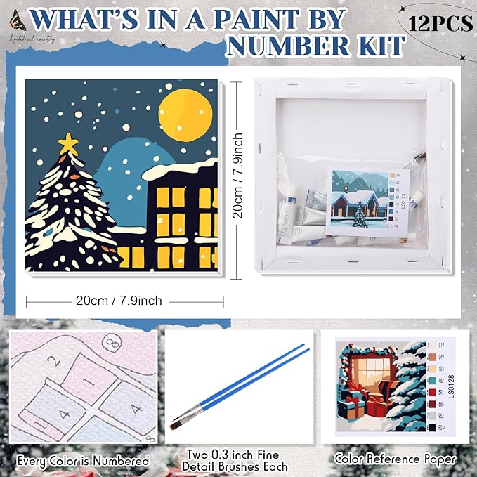 Nezyo 12 Sets Paint by Numbers Kit with Frame for Adult Beginners, Paint by Number DIY Acrylic Painting Canvas for Painting Party, Classroom Activity Birthday Gift, 8 x 8 Inch