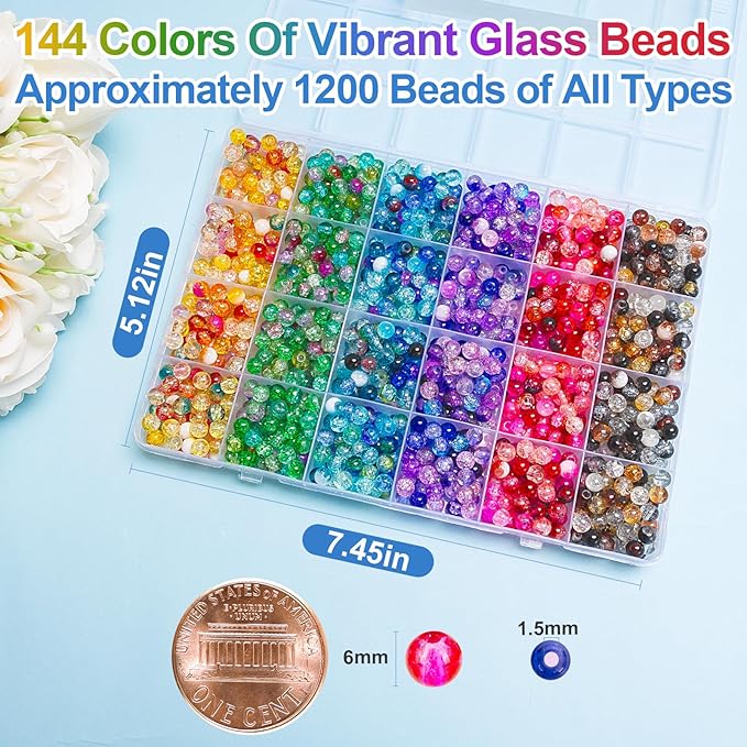 XSEINO About 144 Colors 1200PCS 6mm Glass Beads Bracelet Making Set, 6 Styles of Mixed Crack Beads for Bracelets, Jewelry, and DIY Making