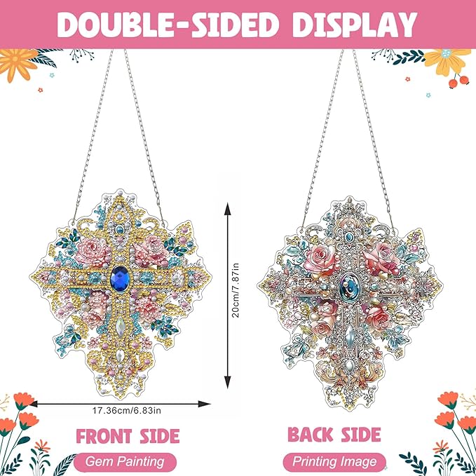 NAIMOER Diamond Art Hanging Kits for Adults, Religion Cross Diamond Art Suncatchers, 5D Special Shape Fall Diamonds Painting Pendant Window Ornament Gifts for Home Garden Door Wall Decor
