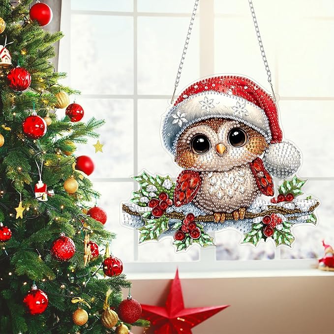 MEIYUDA Christmas Owl Diamond Art Hanging Kits for Adult, Cute Winter Owl Diamond Painting Hanging Kits Ornaments, DIY Special Shaped Rhinestone Window Pendants kit for Home Garden Wall Decor Gift