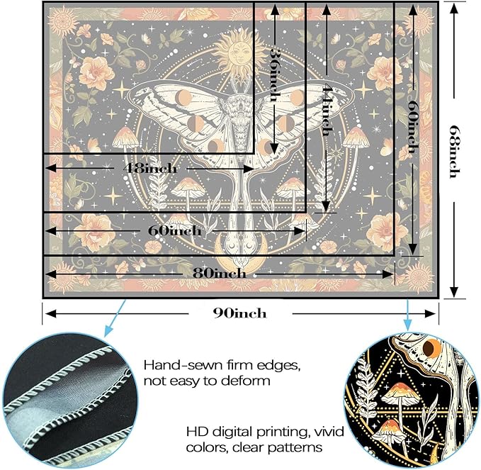 aipon orange moth tapestry boho retro floral flowers tapestries aesthetic vintage mushroom tapestries for bedroom indie sun moon tapestry wall hanging for living room dorm (40'' × 30'')