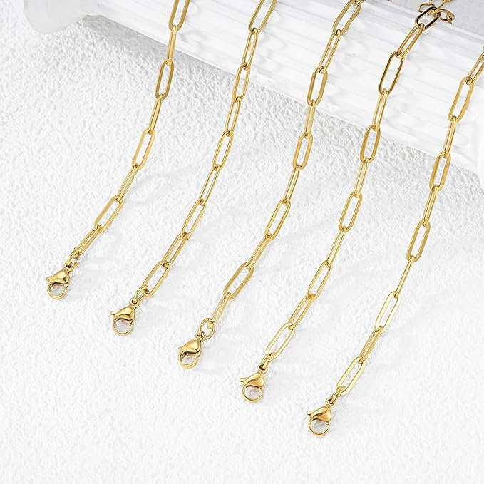KEIAOUE 16 Pack Charm Bracelet Chain Bulk Gold Plated Stainless Steel Paperclip Chains Bracelets for DIY Jewelry Making