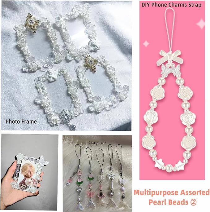 Baroque Pearl Beads for Junk Case Charms Kit,Assorted Unique Aesthetic Y2K Beads with Holes, Vintage Relief Flower Bow Angel Charms for DIY Phone Charms, Bracelet Jewelry Making Decor Supplies, White