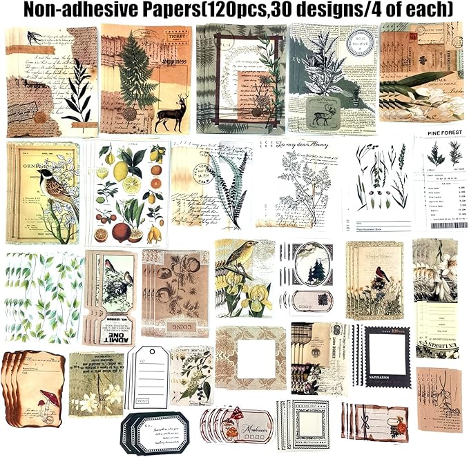 Esweny 260PCS Vintage Journaling Scrapbooking Supplies Scrapbook Sticker Paper Ephemera Pack for Junk Journal Planners Collage Craft Notebooks Album (Plants and Birds)