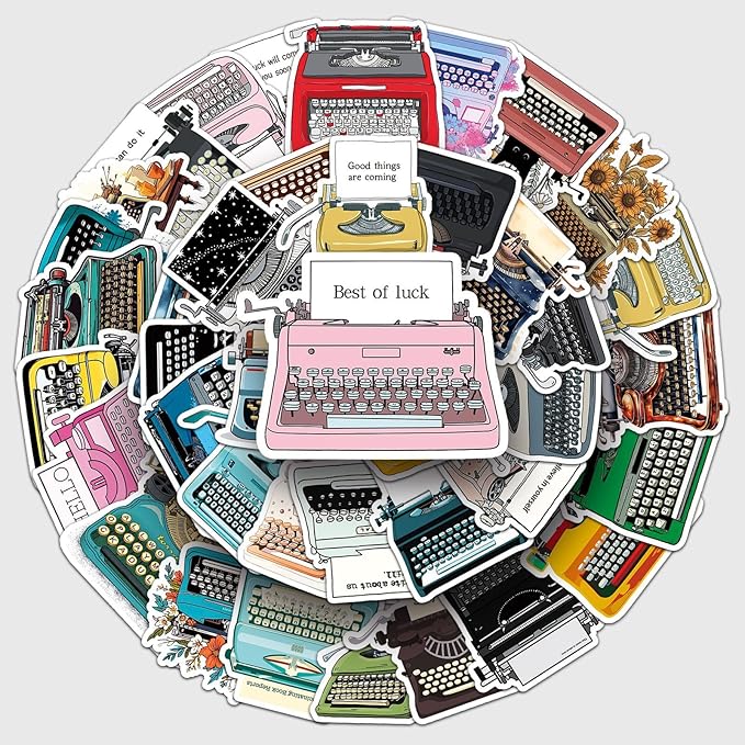 Retro Typewriter Stickers for Scrapbooking,50pcs Vintage Typewriter Decals, Waterproof Vinyl Stickers for Journals, Laptops, Home Decor, Ideal for Kids Adults
