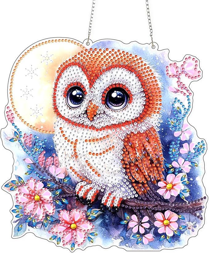 Lxmsja DIY Adorable Owl Diamond Painting Hanging Ornament, Double-Sided Acrylic Moon Flowers Diamond Art Kit, Special Shaped Suncatcher Hanging Pendant Window Art Kit 8x8 inch