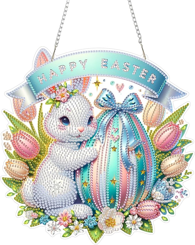 Aeepics Hanging Diamond Art Kit for Adult, DIY Diamonds Painting Pendant Ornament Kit, Acrylic Diamond Art Painting Board Kit (Easter Rabbit)