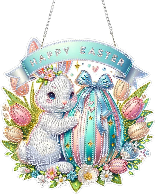 Aeepics Hanging Diamond Art Kit for Adult, DIY Diamonds Painting Pendant Ornament Kit, Acrylic Diamond Art Painting Board Kit (Easter Rabbit)