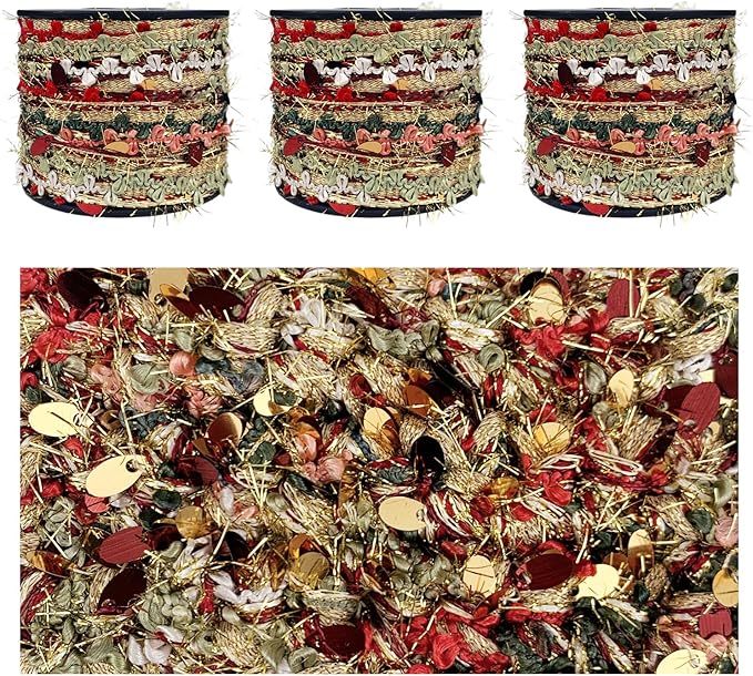 Artisanal Yarn Collection Multifiber Fancy Yarn with Sequins & Shimmering Threads for Knitting Crocheting Crafts DIY, Set of 3 Rolls (Christmas Red & Gold)