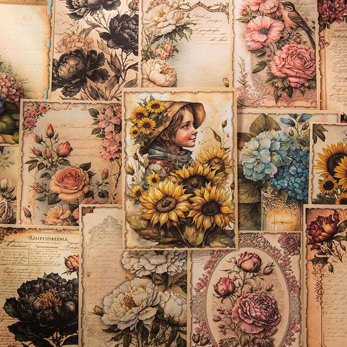 180Pcs Vintage Flower Scrapbook Paper, Ephemera Pack for Journaling and Junk Journal Supplies, Scrapbooking Kit with Glue Tape
