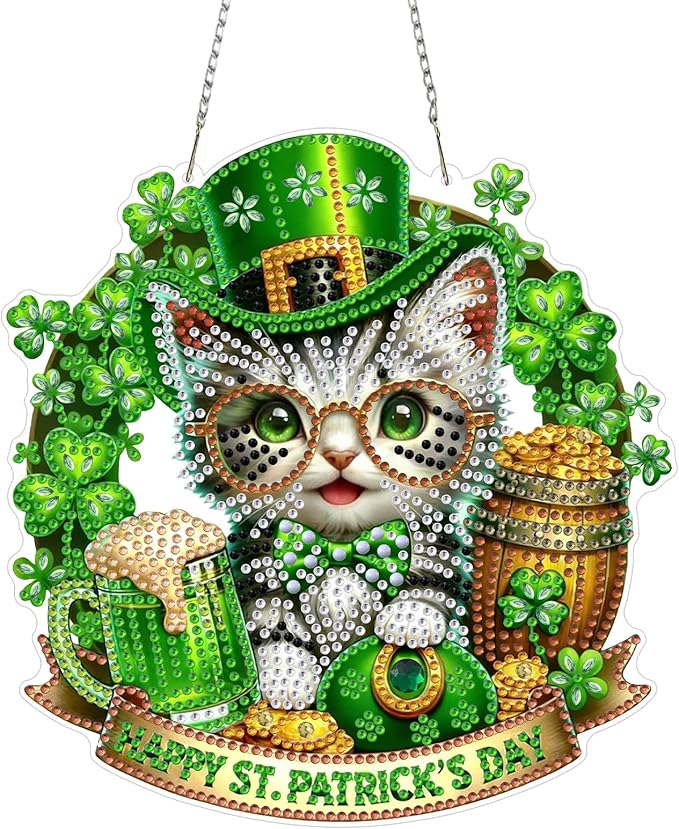 CEOVR St. Patrick's Day Diamond Painting Pendant, Cat Hanging Diamond Art for Adults, DIY Gem Art Wall Hanging Ornament, Acrylic Home Garden Decor with Chain, Box Kit 7.55×7.87inch
