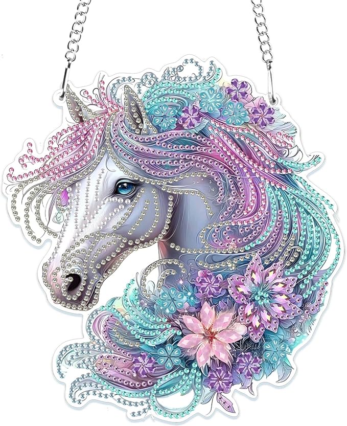 MOGTAA Horse Diamond Art Hanging Pendant Kits, 5D Special Shape Diamond Art Kits for Adults, Crystal Rhinestones Flowers Diamond Painting Gem Art for Home Wall Garden Window Decor