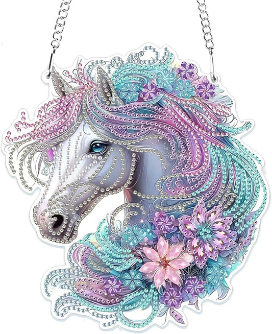 MOGTAA Horse Diamond Art Hanging Pendant Kits, 5D Special Shape Diamond Art Kits for Adults, Crystal Rhinestones Flowers Diamond Painting Gem Art for Home Wall Garden Window Decor