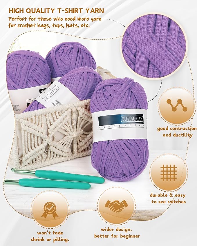 Katech 130 Yards T-Shirt Crochet Yarn for Crocheting - 400g Spaghetti Fabric Cloth for DIY Knitting, Handmade Basket, Cushion Decor - Easy for Beginners (Purple)