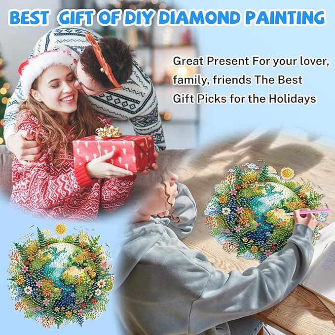 Bowetile Protect the Earth Diamond Art Hanging Kits for Adults, Diamond Art Suncatchers Earth, 5D Special Shape Diamond Painting Pendant Window Ornament Gifts for Home Wall Garden Decor