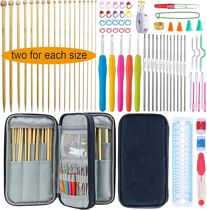 Mdoker 95pcs Knitting Needles Kit&Crochet Hooks Set 36 Straight Bamboo Knitting Needle 12 Small Size Lace Crochet Hook 5 Ergonomic Crochet Needles Knitting Set with Knitting Supplies&Accessories