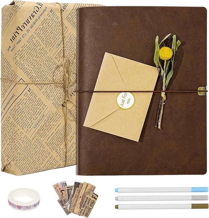 Vienrose Photo Album Scrapbook Kit, 3 Ring Faux Leather Cover DIY Memory Book Kraft Paper with 50 Sheets 100 Pages, Vintage Scrapbooking Supplies Set for Wedding, Anniversary, Valentine Gifts, Brown