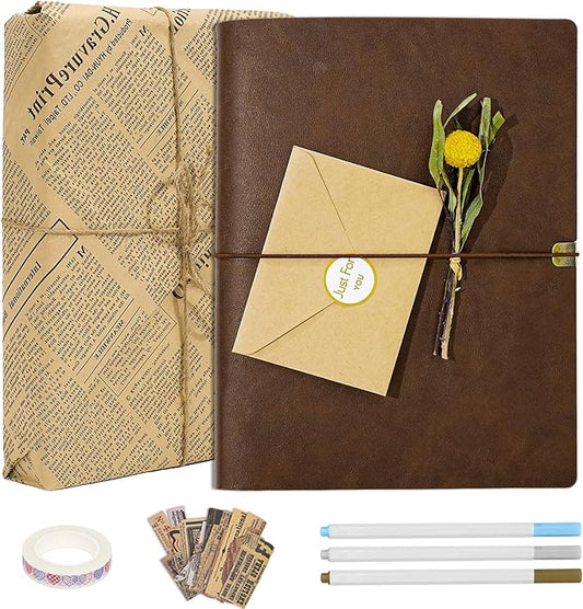 Vienrose Photo Album Scrapbook Kit, 3 Ring Faux Leather Cover DIY Memory Book Kraft Paper with 50 Sheets 100 Pages, Vintage Scrapbooking Supplies Set for Wedding, Anniversary, Valentine Gifts, Brown