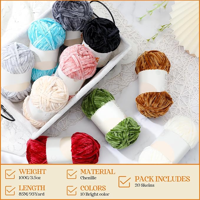 Woanger 20 Skeins Soft Chenille Yarn Velvet Blanket Yarn for Crocheting Hand Knitting Weaving DIY Craft, 10 Colors, 93 Yards Each (Classic Color)