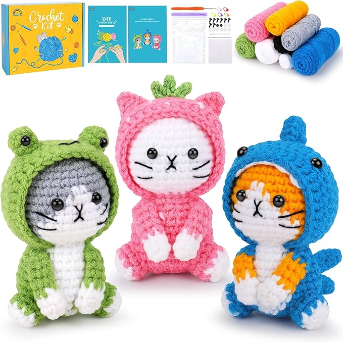Crochet Kit for Beginners - 3 PCS Crochet Kits with Step-by-Step Video Tutorials, Beginner Crochet Kit for Adults, Crochet Animal Kit for Starters, Cat Dressed as Shark Frog Strawberry