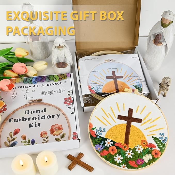 ElasignShopo Christian Embroidery Kit for Beginners Adults, Easy Cross Stitch Kit Easter Cross Jesus Pattern Embroidery Starter Kits with Wooden Hoop, Needles, Threads and Instruction Easter Gift