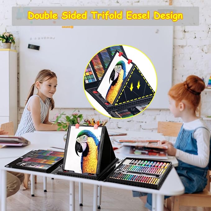 Art Supplies, 272 Pack Art Set Drawing Kit for Girls Boys Teens Artist, Deluxe Gift Art Box with Trifold Easel, Origami Paper, Coloring Book, Drawing Pad, Pastels, Crayons, Pencils, Watercolors(Black)