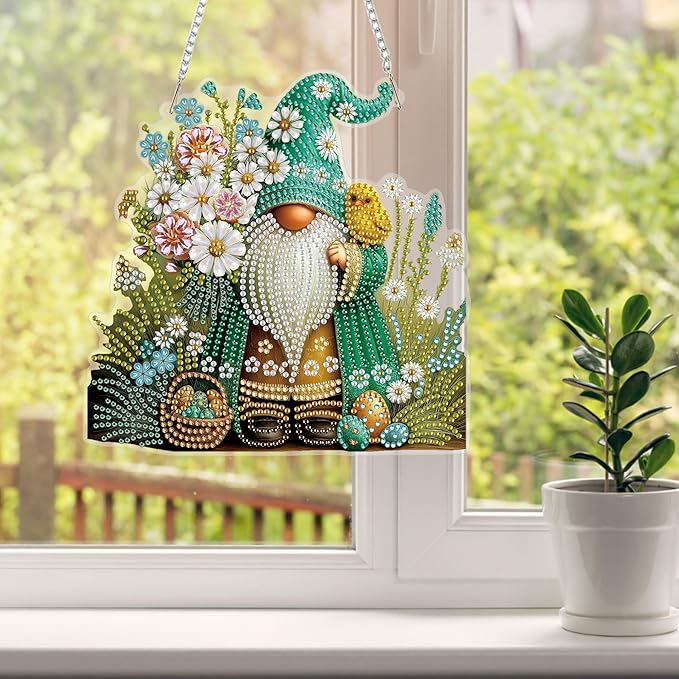 HEIBAGO Easter Gnome Diamond Art Hanging Kits for Adults, Diamond Art Suncatchers Egg, 5D Special Shape Diamond Painting Pendant, DIY Window Ornament Gifts for Home Garden Door Wall Decor 8.3 x 8.3 In