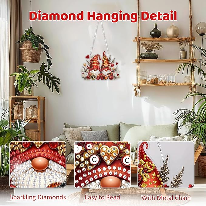 MEIYUDA Valentine's Day Hanging Diamond Art Kits for Adult, Love Gnomes Diamond Painting Hanging Kits Ornaments, DIY Special Shaped Rhinestone Window Pendants kit for Home Garden Wall Decor Gift