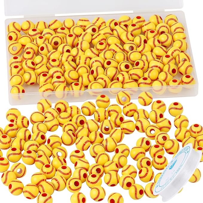 100pcs Baseball Beads with 5.5 Yard Elastic Rope,Acrylic Softball Beads Sports Bead DIY Spacer for Necklace Bracelet Keychains Handmade Jewelry Making Accessories Craft Supplies,12mm(Baseball)
