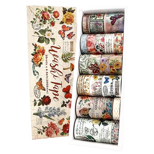 Washi Tape Set 20 Rolls Vintage Washi Tape Self-Adhesive Floral Tape Scrapbook Paper Tape Floral Patterns Decorative Tape for Scrapbook Journal DIY Craft Scrapbooking Journal Supplies Gift Wrapping