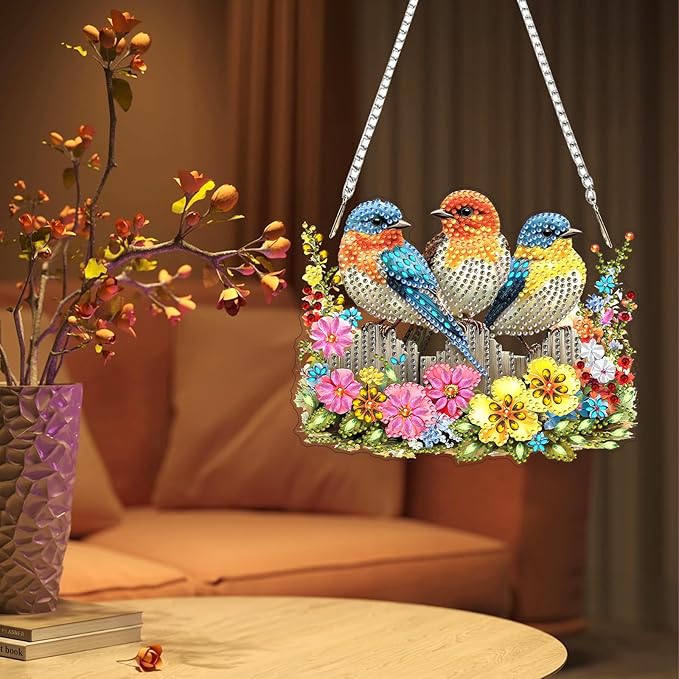 Lxmsja DIY Three Cute Birds Diamond Painting Hanging Ornament, Double-Sided Acrylic Colorful Flowers Diamond Art Kit, Special Shaped Suncatcher Hanging Pendant Window Art Kit 6x8 inch