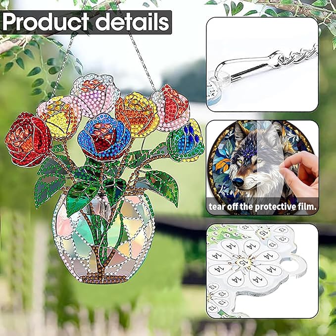 SKRYUIE Flower Hanging Diamond Art Kits for Adults Pendant Suncatcher, Special Shaped Crystal DIY Pearl Diamond Painting Kit, Gift for Mother Spring Summer Window Wreath Decor 7.33 x 7.09 Inch A29