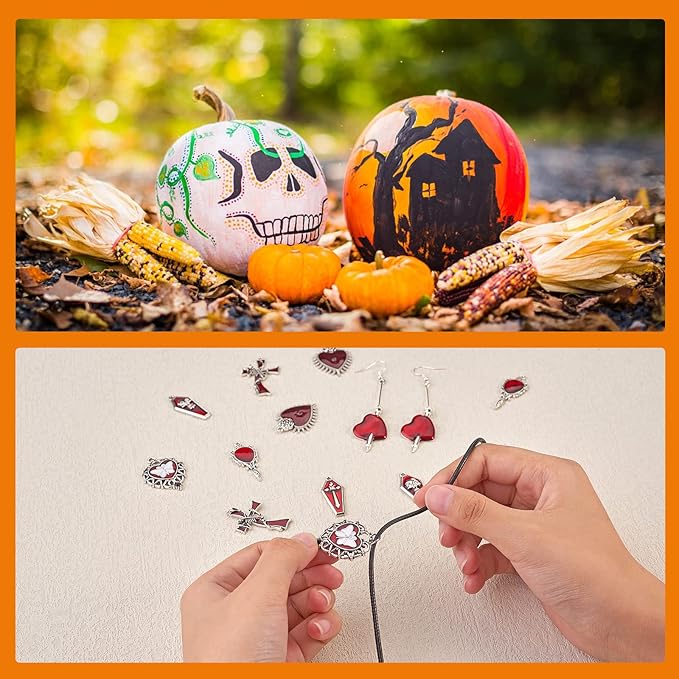 WEWAYSMILE 14Pcs Halloween Charm Pendant Red Skull Charm Witchy Charms for Jewelry Making Kit Hearts, Small Crosses Halloween Jewelry for DIY Necklace Bracelet Earring Accessories