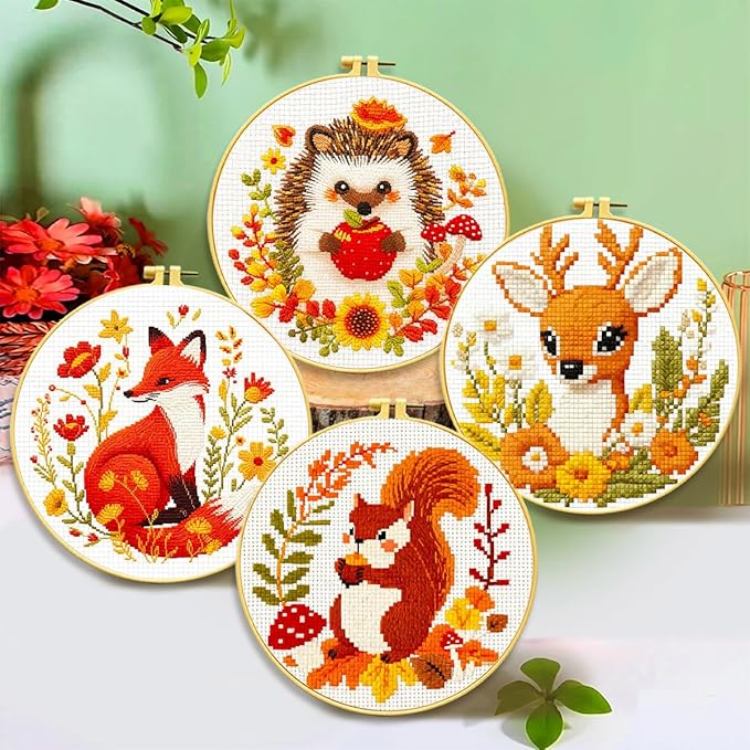Zhenqing Autumn Animals Cross Stitch Kit - 4-Piece Set with Pre-Printed 11CT 24x24cm Fabric, Hoop & Tools, Fall Theme Animal Designs for Beginners (70412)