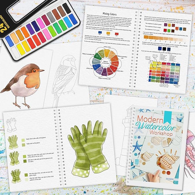 3Pcs Watercolor Workbook Paint Book Beginner Friendly Painting Kit, 36 Pages Workbooks with 24 Paint Colors & Brush for Beginners, Stress-Relieving Gift for Women Adults (Seaside&Bird&Garden)
