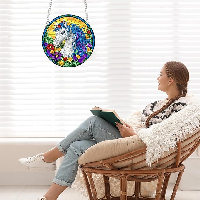 Bimkole Horse Diamond Art Hanging Kit for Adult, DIY 5D Diamond Art Flower Window Pendant, Acrylic Crystal Art Hanging Ornament Home Wall Garden Front Door Sign Outdoor Decor 7.8x7.8 Inch