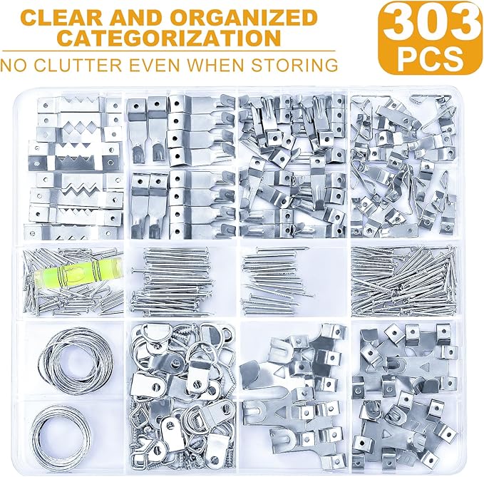 KURUI 303Pcs Picture Hanging Kit, Picture Hangers Assorted Kit with Heavy Duty Wall Hooks, Sawtooth, Picture Wire, D Rings, Hardware Nails, Eye Hooks, Silver Heavy Duty Frame Hooks