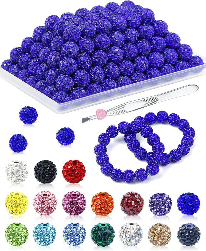 120PCS FIVEIZERO Rhinestone Beads for Jewelry Making, 10mm Dark Blue Shiny Round Sparkle Crystal Clay Bead Bulk Sparkly Baseball Necklace Beads for Bracelets and DIY Crafts