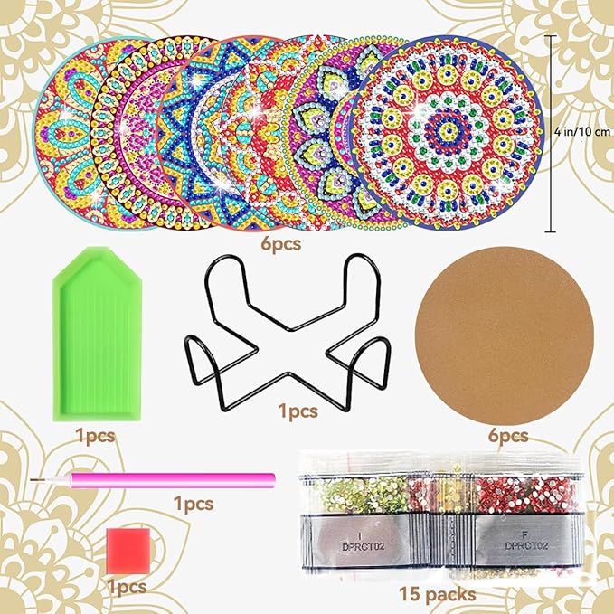 Vcekract Diamond Painting Coasters, 6 Pcs Mandala Diamond Art Coasters with Holder, Crafts Kits for DIY Coasters, Adult Crafts Projects Kits Women