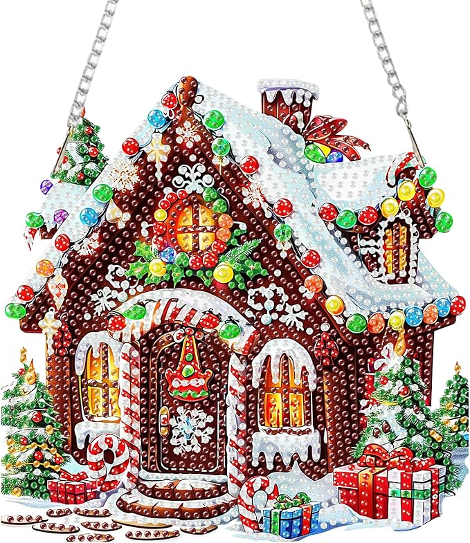 SENQAO Christmas Diamond Art Hanging Kits for Adults Kids, Candy House Diamond Art Suncatchers, 5D Special Shape Diamond Painting Pendant Window Ornament Gifts for Home Door Wall Decor