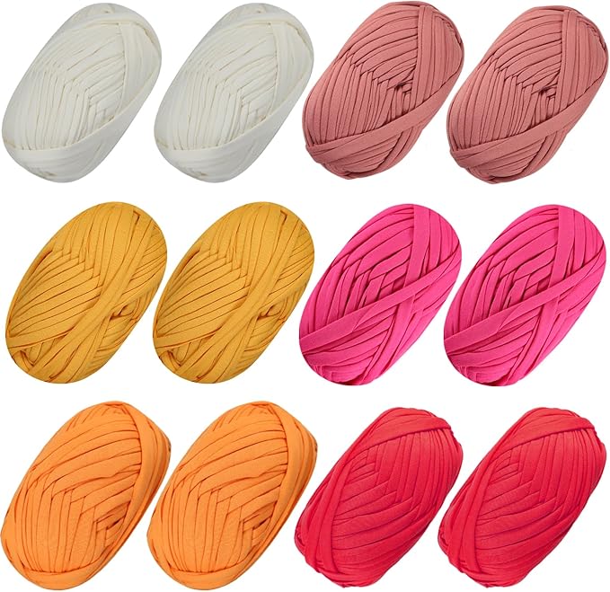 12 PCS T-Shirt Yarn Elastic Fabric Crochet for DIY Knitting, Spaghetti Knitting Yarn for DIY Bag Blanket Cushion Crocheting Projects,Home Decor(White+Yellow+Red+Rose Red+Orange+Beige Pink)