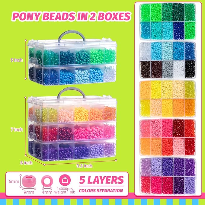 Simetufy 14000Pcs Pony Beads Bulk, 50 Colors 6x9MM Kandi Beads for Hair Braiding Bracelet Making Jewelry Key Chains DIY Crafts Christmas Gifts (8LB, Shock Resistant Package)