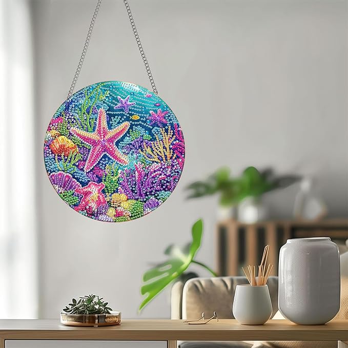 Bimkole Starfish Diamond Art Hanging Kit for Adult, DIY 5D Diamond Art Oceans Window Pendant, Acrylic Crystal Art Hanging Ornament Home Wall Garden Front Door Sign Outdoor Decor 7.8x7.8 Inch