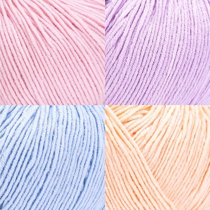 Cotton Yarn Kit - 4 Multicolor Balls Soft Sport Weight Yarn for Crochet & Amigurumi - 50g / 175yds Each & 10 Stitch Markers (H10 - Pastel-1)