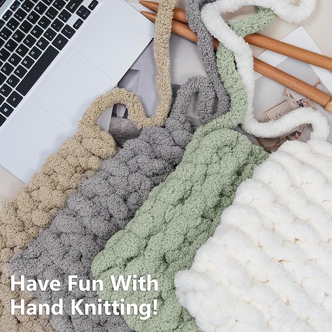 Chunky Yarn for Hand Knitting - #10 Chunky Chenille Yarn, Jumbo Big Thick Chunky Yarns for Crocheting, Super Bulky Chunky Knit Blanket Yarns, 8 Skein (25yd, 8oz/Skein), Cream&Sage&Khaki&Grey