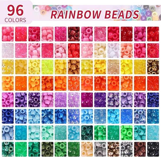 QUEFE 96 Colors 3000pcs Pony Beads Bracelet Making Kit Friendship Bracelet Kit Rainbow Kandi Beads with Letter and Heart Beads Elastic Threads for Jewelry Necklace Making