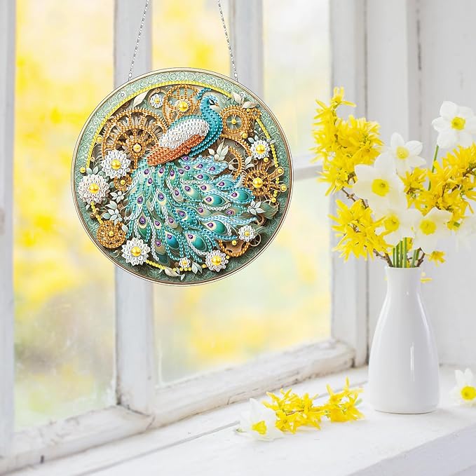 Generic DIY Hanging Diamond Pendant Special Shaped Crystal Diamond Art Painting Ornament Single Sided for Window Home Garden Wall Door Decor-Green Peafowl